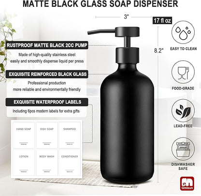 GMISUN Black Soap Dispenser, 2 Pack Matte Black Hand Soap Dispensers for Bathroom, 17 Fl Oz Glass Dish Soap Dispenser for Kitchen with Stainless Steel Pump, Modern Liquid Soap Bottle Set
