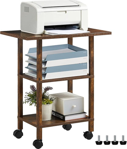 Lerliuo 3 Tier Printer Stand with Storage, Printer Table for Home Office, Wooden Rolling Printer Cart Shelf with Lockable Wheels fit Fax Machine, Scanner(Brown)