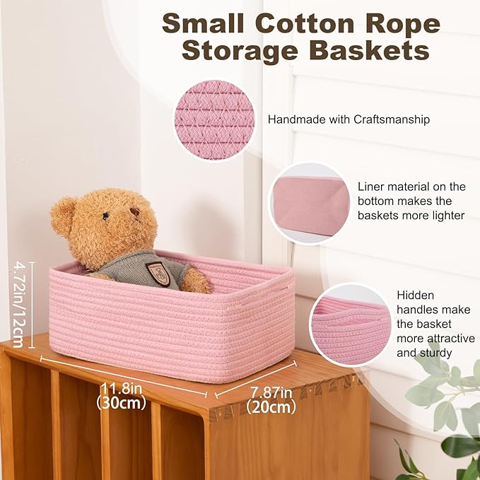 3 Pack Small Storage Baskets for Organizing, Cute Woven Decorative Gift Baskets for Shelves, Mini Closet Organizer Bins with Handles, 11.81''Lx7.87''Wx4.72''H-Pink