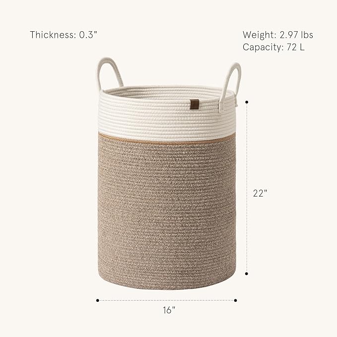 LA JOLIE MUSE Woven Basket Rope Storage Baskets - Large Cotton Organizer, Basket for Baby Blanket, Kids Toy Nursery Laundry Basket Mocha XL