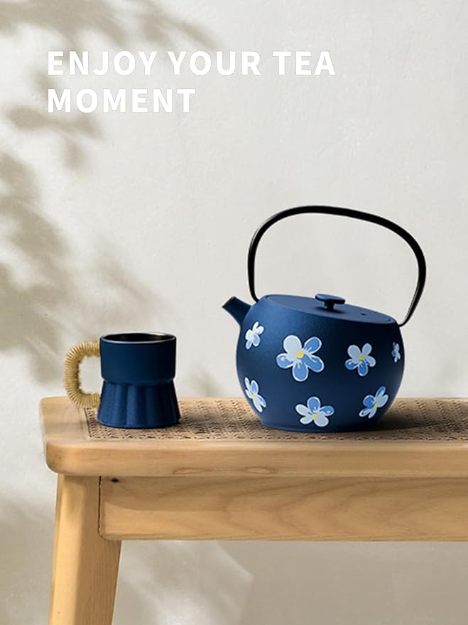 Toptier Teapot with Removable Infuser, Cast Iron Tea Kettle Stovetop Safe, Solid Geometry Ball Design Tea Pot Coated with Enameled Interior for 32 Ounce (950 ml), Navy Flower