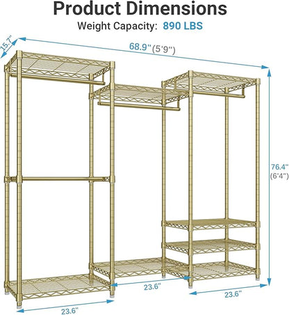 VIPEK V5 Portable Closet Wardrobe Heavy Duty Clothes Rack, Freestanding Metal Clothing Racks Custom Closet Racks with 8 Adjustable Shelves, 68.9" Lx15.7 Wx76.4 H, Max Load 890LBS, Gold