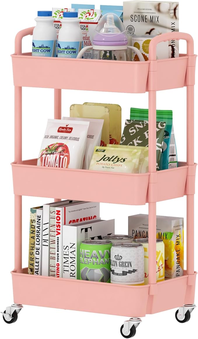 Sywhitta 3-Tier Plastic Rolling Utility Cart with Handle, Multi-Functional Storage Trolley for Office, Living Room, Kitchen, Movable Storage Organizer with Wheels, Pink