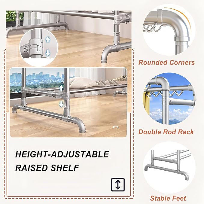 Clothes Drying Rack with Windproof Hooks, 78.7 inch Adjustable Heavy Duty Laundry Drying Rack, Free Standing Metal Clothes Rack, for Indoor Outdoor