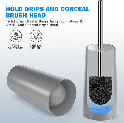 Toilet Brush and Holder, 2 Pack Toilet Brush with 304 Stainless Steel Long Handle, Toilet Bowl Brush for Bathroom Toilet-Ergonomic, Elegant,Durable (Grey)