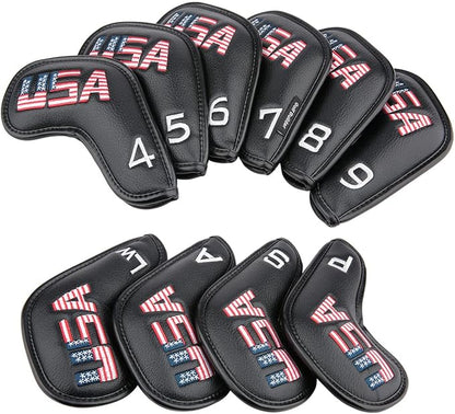Golf Builder Black Leather USA Golf Club Iron Wedge Head Covers Fit All Brands
