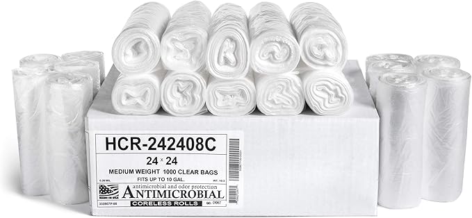 Aluf Plastics High Density Trash Bags, 10 Gallon, 1000 Count, 8 Micron (eq), 24" x 24", Clear, for Bathroom, Office, Industrial, Commercial, Janitorial, Municipal, Recycling