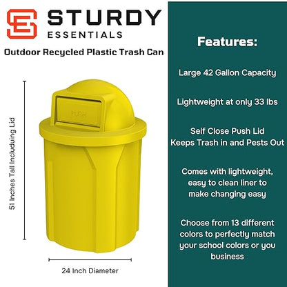 42 Gallon Circle 100% Recycled Plastic Heavy Duty Outdoor Commercial Trash Can with Push Open Dome Lid and Internal Liner | Great for Schools and Businesses - Yellow