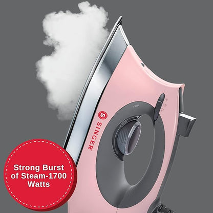SINGER SteamCraft Steam Iron (1700W) | Steamer with Stainless Steel Plate, OnPoint Precision Tip for Hard-to-Reach Areas, Vertical Steam, Auto Shutoff & 300ml Tank Capacity – Pink