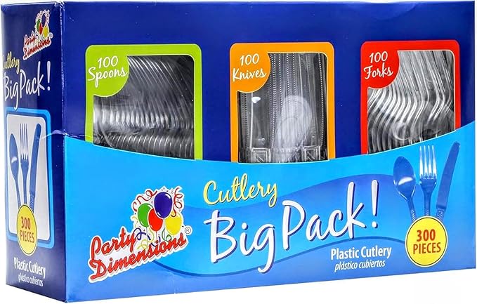 Party Dimensions 300 Count Plastic Cutlery Combo Box, Disposable Clear Plastic Silverware Utensils Set, 100 Forks, 100 spoons, 100 knives