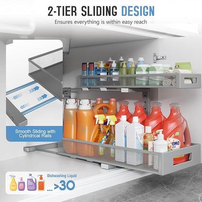 1 Pack 20.47IN Depth Under Sink Storage Organizer, Large 2-Tier Elegant Mesh Pull Out Shelf for Kitchen and Bathroom Cabinet Organization, L-Shaped and Adjustable Height Design-Gun Gray