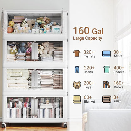 BROVIEW 640QT Stackable Storage Bins with Lids, 160Gal Extra Large Collapsible Storage Box with Wheel, Plastic Storages with Clear Door Open Front for Home Kitchen Garage, White-4pack(4 lids)