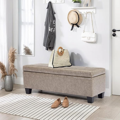 Faux Leather Ottoman with Storage, 42 Inch Rectangular Storage Ottoman Bench with Safety Hinged Lid, Large Upholstered End of Bench for Bedroom Entryway Living Room, Grey