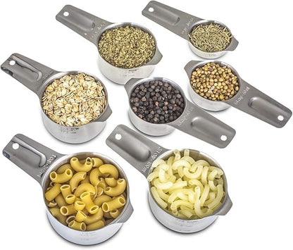 Set of 7 Heavy Duty Measuring Cups, 18/8 Stainless Steel with Ring Connector, Silver