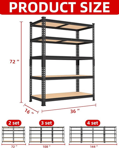 PrimeZone 36" x 16" x 72" Heavy Duty Storage Shelves - 5 Tier Adjustable Garage Storage Shelving, Metal Storage Utility Rack Shelf Unit for Warehouse Pantry Closet Kitchen, Black, 4 Pack