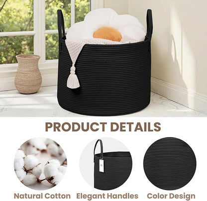 Woven Blanket Basket,115L Large Rope Storage Bin with Handles, Organizer for Blankets Toys Book and Clothes, Laundry Basket for Living Room Bedroom Nursery,Black