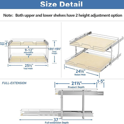 ROOMTEC 2 Tier Individual Pull Out Cabinet Organizer 25½"W x 21½"D, Slide Out Wood Shelves Organizers, Pull Out Drawers Organization and Storage for Kitchen Cabinet