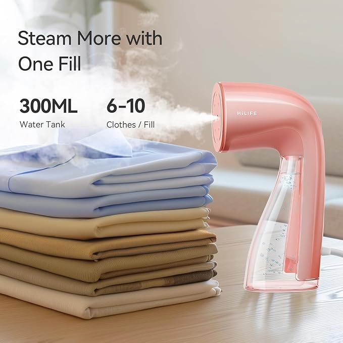 HiLIFE Steamer for Clothes, 1100W Clothes Steamer, Fast Wrinkle Removal with Large 300ml Tank, Ideal for All Fabrics, Easy to Use, Compact and Portable Travel Garment Steamer-Pink
