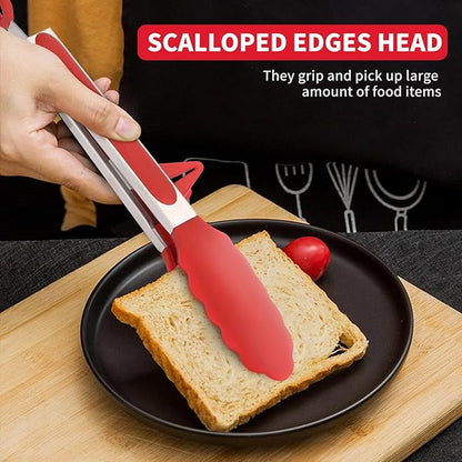 Kitchen Tongs,Set Of 3 Tongs with Silicone Tip for Cooking 9/12 Inch Stainless Steel Kitchen Tong for Meat,Food Grill,Salad,BBQ,Frying,Serving,Dishwasher (Red, 12 Inch)