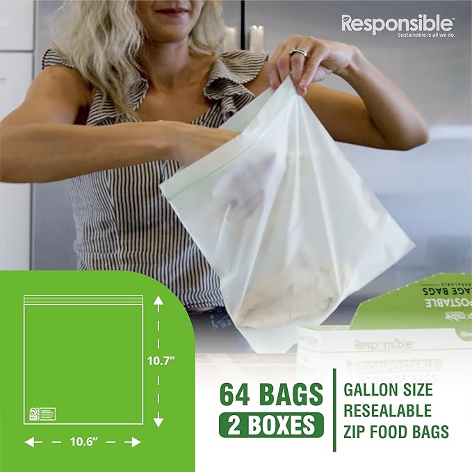 Certified Compostable Large GALLON Resealable Zip Bag, Extra Strength Food Bags, Made from Plant Materials (64 Pack)