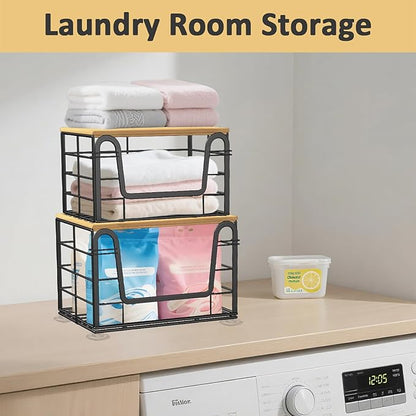 2 Pack Trash Bag Holder - Extra Large Stackable Storage for Kitchen Pantry Laundry Room Organization, Wall Mount Garbage Bag Dispenser with Bamboo Top for Under Sink Organizer, Fits 13/30/33 Gallons
