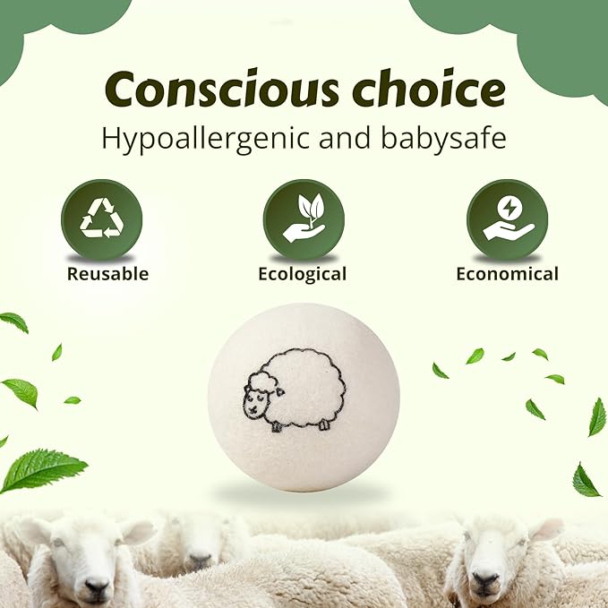 Hanamura 6 XXL Wool Dryer Balls - TÜV Tested 100% New Zealand Wool Balls for Dryer - Energy Saving & Baby-Safe Reusable Dryer Balls for Laundry - Non-Toxic Fabric Softener for WAD Free Laundry
