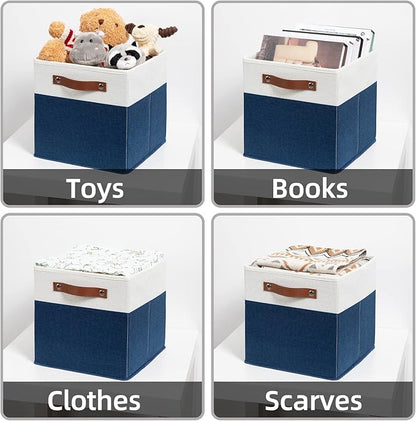 HNZIGE Cube Storage Bins Basket for Shelves Set of 4, Fabric Storage Cubes Baskets Closet Storage Bins for Cube with Handles, Cubby Storage Bins Baskets for Organizing Home and Office (White Blue)