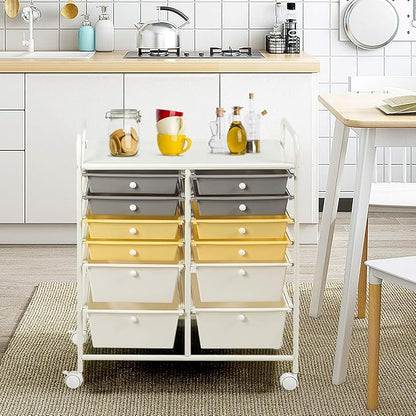 GOFLAME 12-Drawer Rolling Storage Cart, Multipurpose Organizer Cart with 2 Sizes Plastic Drawers, Mobile Utility Cart with Lockable Casters for School, Home Office, Beauty Salon, Yellow