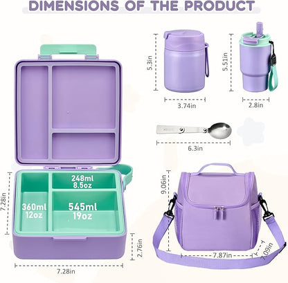 Lunch Box Set with Bento Box Container, 17OZ Stainless Steel Food Soup Thermo, Kids Water Bottle & Portable Insulated Lunch Bag – Leakproof, Hot/Cold Retention for School, Travel (Purple)