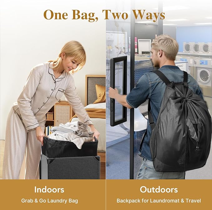 60L 2-in-1 Laundry Hamper with Laundry Backpack, Waterproof Basket with Lid, Laundry Bag with Shoulder Straps and Mesh Pocket, Hamper for College Dorm, Travel, Apartment, Laundromat