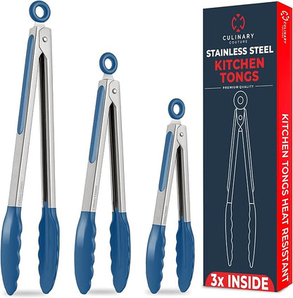 Kitchen Tongs for Cooking with Silicone Tips, Heat Resistant Tongs for Serving Food, 7-Inch, 9-Inch, 12-Inch Locking Silicone Tong, Set of 3 Salad Tong, Blue Kitchen Utensils