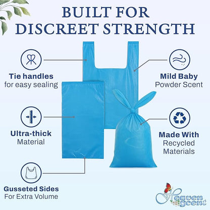 Heaven Scent Hygiene Bags 1.5MIL ULTRA-THICK Discreet Waste Disposal | Made in the USA | Mild Baby Powder Scented Trash Bags for Adult Briefs & Feminine Products - Large, 35 Bags