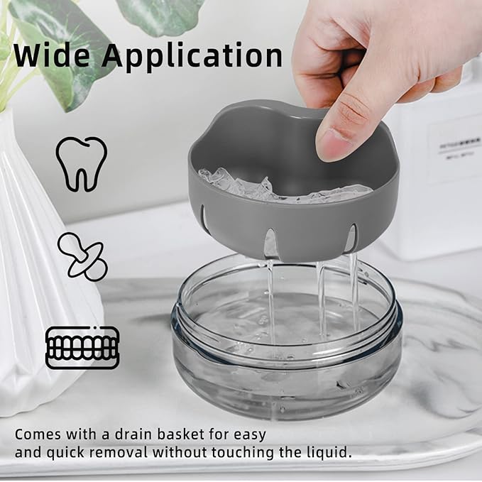 Leak Proof Denture Cup Kit Portable Retainer Case Perfect for Travel, Denture Case Container Cleaning Care for Dentures Aligner Mouth Guard with Denture Brush,Strainer, Removal Tool and Mirror