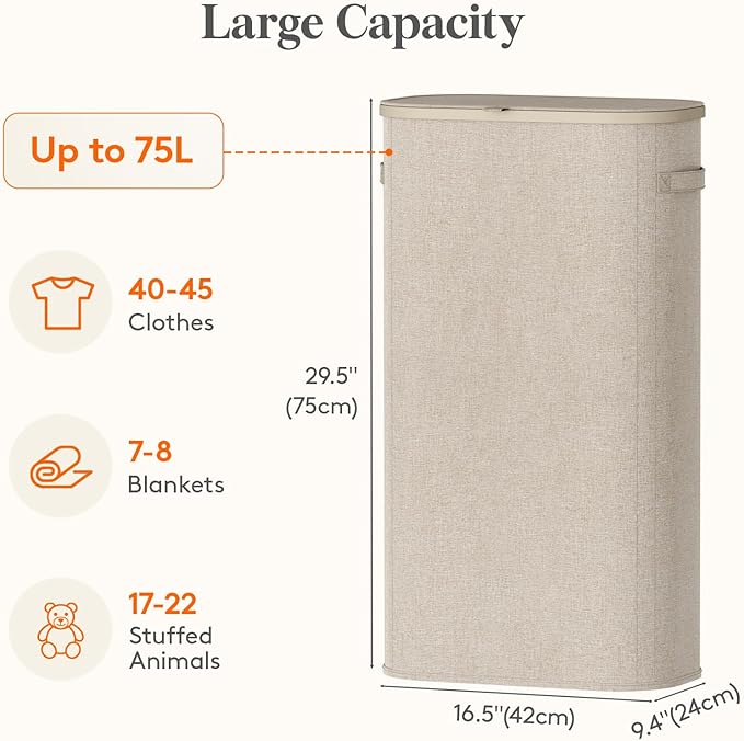 Lifewit 75L Slim Laundry Basket with Lid, Narrow Large Laundry Hamper with Plastic Handles and Removable Bag, Tall Foldable Dirty Clothes Hampers for Laundry Room, Bedroom, Bathroom, Dorm, Beige