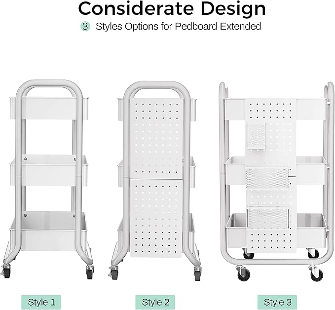 DESIGNA 3-Tier Rolling Cart, Utility Cart with Handle, Extra 3 Storage Accessories, Removable Pegboard, Easy Assembly Craft Carts for Kitchen, Bathroom, Office, Metal, White