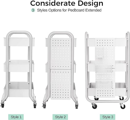 DESIGNA 3-Tier Rolling Cart, Utility Cart with Handle, Extra 3 Storage Accessories, Removable Pegboard, Easy Assembly Craft Carts for Kitchen, Bathroom, Office, Metal, White