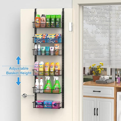 12.3" W Narrow Over the Door Pantry Organizer, 6-Tier Over the Door Organizer with Adjustable Basket, Pantry Door Organization for Pantry Kitchen Storage Room Spice Rack, Black