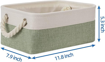 Temary Small Storage Baskets Small Fabric Bins for Closet, 6 Pack Decorative Storage Boxes with Rope Handles for Organizing Clothes, Canvas Storage Basket(White&Green,11.8L x 7.9W x 5.3H inches)
