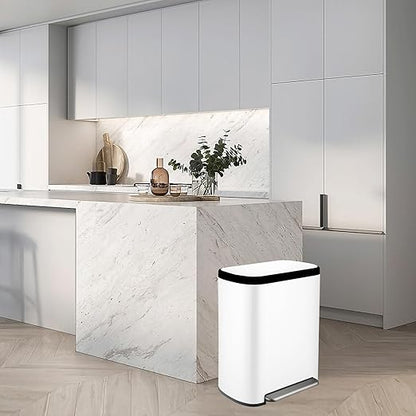 16 Gallon Dual Trash Can, Kitchen Recycling Bins with 2 x 8 Gallon Compartments, 2 Plastic Removable Liners, Soft-Close Lid, Stainless Steel Step Trash Can, White