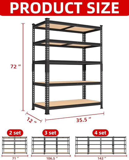 PrimeZone 35.5" x 12" x 72" Heavy Duty Storage Shelves - 5 Tier Adjustable Garage Storage Shelving, Metal Storage Utility Rack Shelf Unit for Warehouse Pantry Closet Kitchen, Black