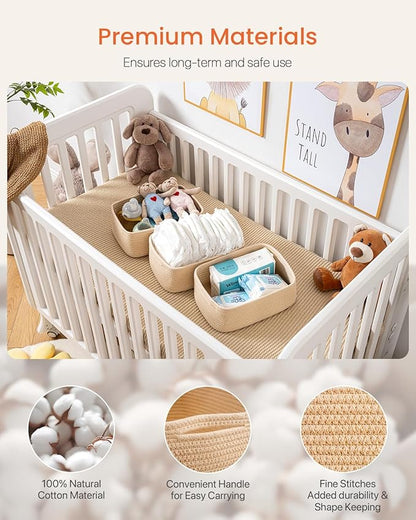 Small Woven Basket, 12 x 8 x 4.5 Inches, Storage Basket for Organizing, Cute Small Rope Shelf Closet Cube Storage Bins Baskets for Shelves, Dog Toy Gift Baskets Empty, 3 Packs, Beige