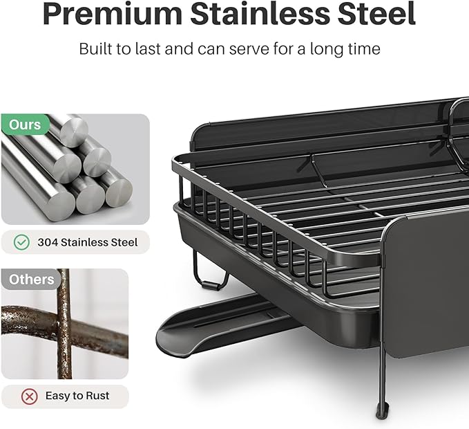 Large Dish Drying Rack - Expandable (19.3" to 29.4") Dish Rack for Kitchen Counter, Stainless Steel Dish Drainer with Utensil Holder, Pan Holder & Pot Lid Holder, Black