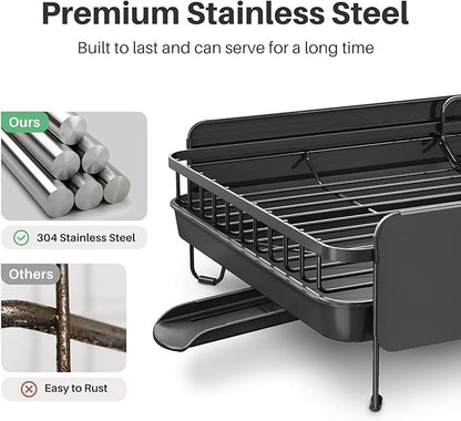Large Dish Drying Rack - Expandable (19.3" to 29.4") Dish Rack for Kitchen Counter, Stainless Steel Dish Drainer with Utensil Holder, Pan Holder & Pot Lid Holder, Black
