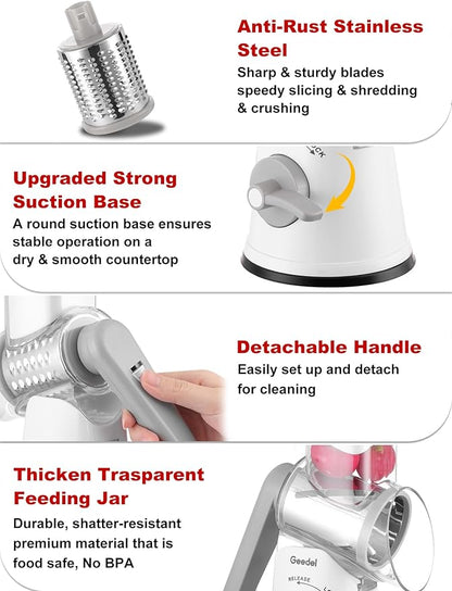Geedel Rotary Cheese Grater Cheese Shredder - Upgraded 5-in-1 Cheese Grater with Handle and Strong Suction Base, Multi-purpose Vegetable Slicer Ice Shaver Nuts Grinder for Ice, Vegetables, Fruit, Nuts