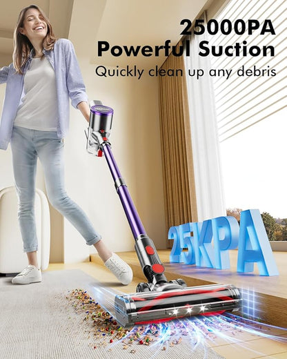 Cordless Vacuum Cleaner, 25kPA Vacuum Cleaners for Home, Stick Vac with Anti-Tangle Brush, 40 Mins Runtime, Lightweight, Versatile for Carpet, Hard Floor, Pet Hair (Purple)