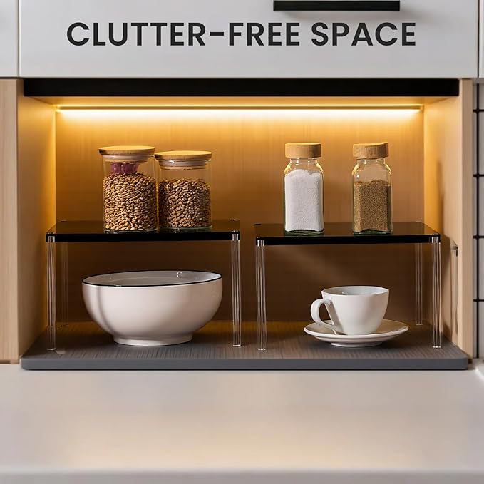Cabinet Organizer Acrylic Spice Rack, 4 Pack Stackable Shelf Riser for Kitchen Pantry Countertop, Expandable Storage Organizer for Bathroom Office