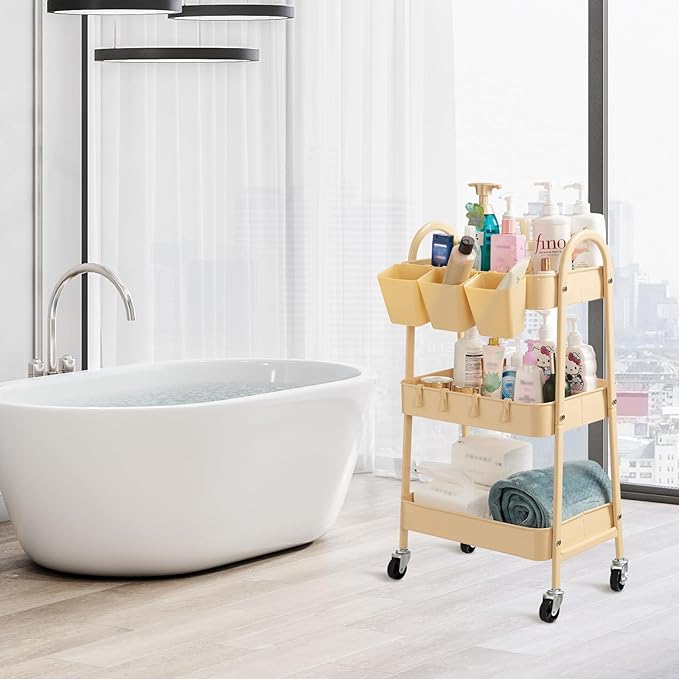 danpinera 3-Tier Rolling Cart, Metal Rolling Storage Cart with Lockable Wheels & Hanging Cups & Hooks, Mobile Trolley for Kitchen, Bathroom, Office, Workshop, Yellow