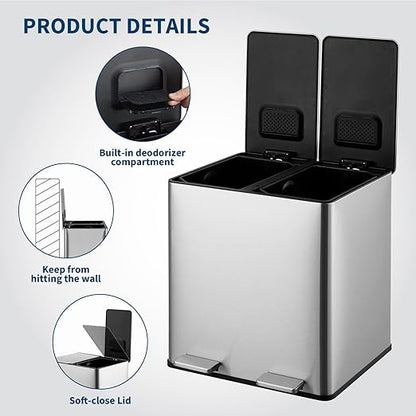 GarveeHome Dual Trash Can, 2x4 Gallon (2x15L) Stainless Steel Step Trash Can, Rectangular Garbage Can for Kitchen, Office with 2 Compartments, Removable Inner Buckets, Soft-Close Lid, Silver