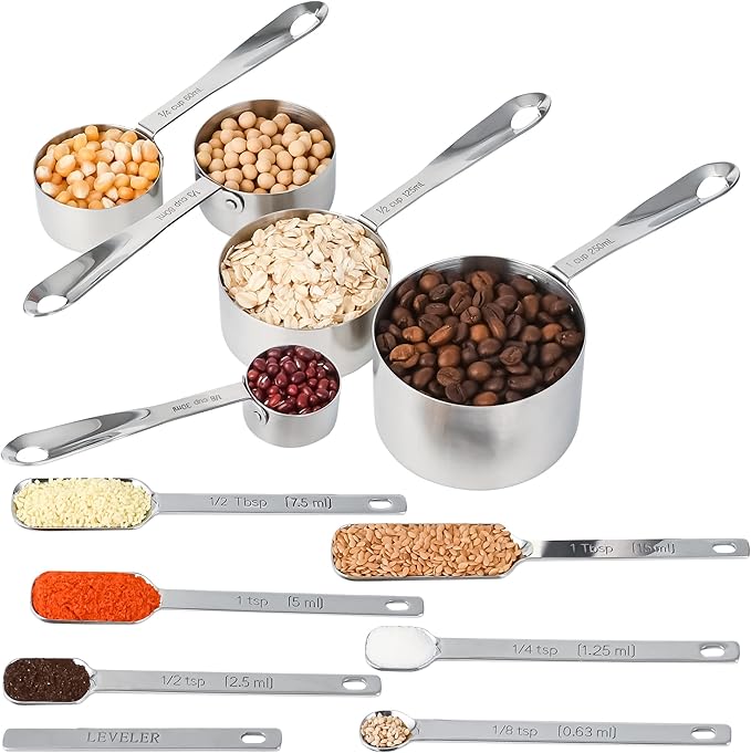 Stainless Steel Measuring Cups and Spoons Set of 12, 5 Dry Measuring Cups and 6 Measuring Spoons With Leveler for Kitchen
