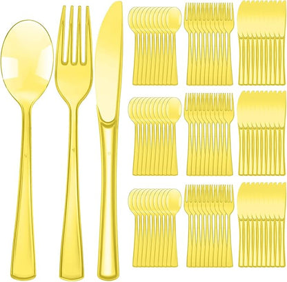Minatee 150 Pieces Disposable Cutlery Set Plastic Silverware Heavy Duty Utensil Sets 50 Forks 50 Knives 50 Spoons for Home Office School Party Picnics Restaurant Outdoor Events(Yellow)